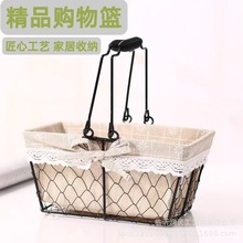 韩国ins手提铁艺收纳筐超市购物篮水果花篮面包篮铁丝收纳篮野餐