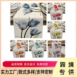 跨境花朵郁金香亚麻桌布台布居家布艺餐桌客厅柜台桌旗工厂直供