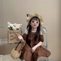 女童禮服公主裙夏季短袖露肩2024新款中小童洋氣連衣裙純色淑女