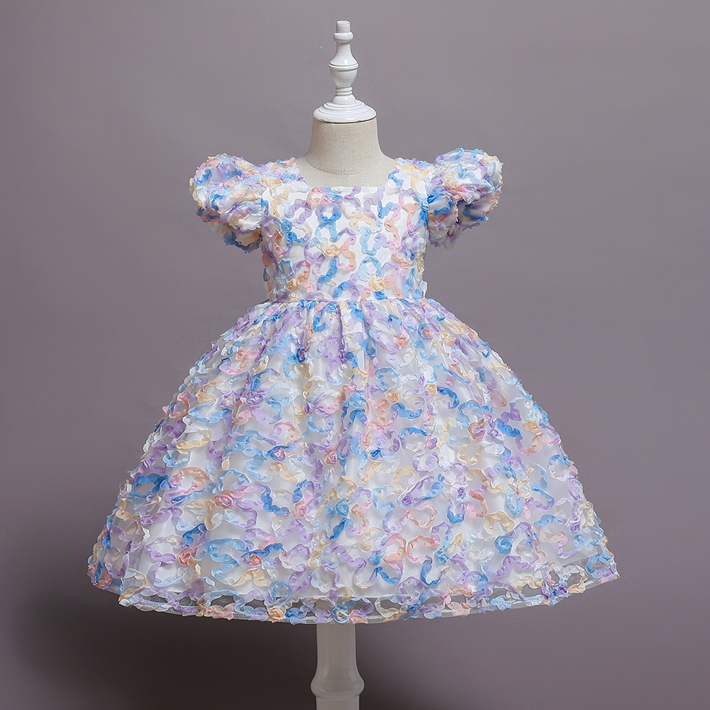 速卖通新款儿童公主礼服裙女童泡泡袖晚礼服女宝宝立体花朵连衣裙