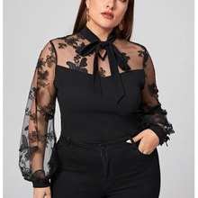 新款大码女装亚马逊速卖通纯色网纱拼接长袖欧美外贸绑带大码衬衣