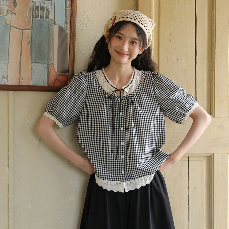 2026 Summer New Style Japanese Age-Reducing Retro Plaid Sweet Lace Lace-Up Short-Sleeved Shirt Top for Women