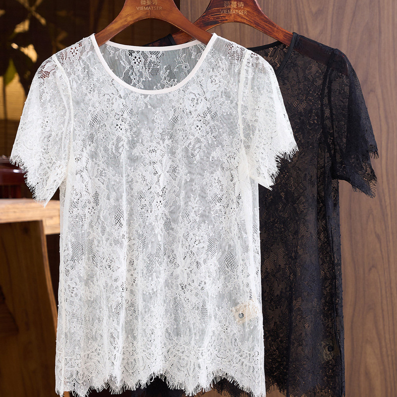 French-Style High-End Round-Neck Lace Short-Sleeve Top for Women, New Summer Model with Floral Lace See-Through Base Shirt Lace Blouse