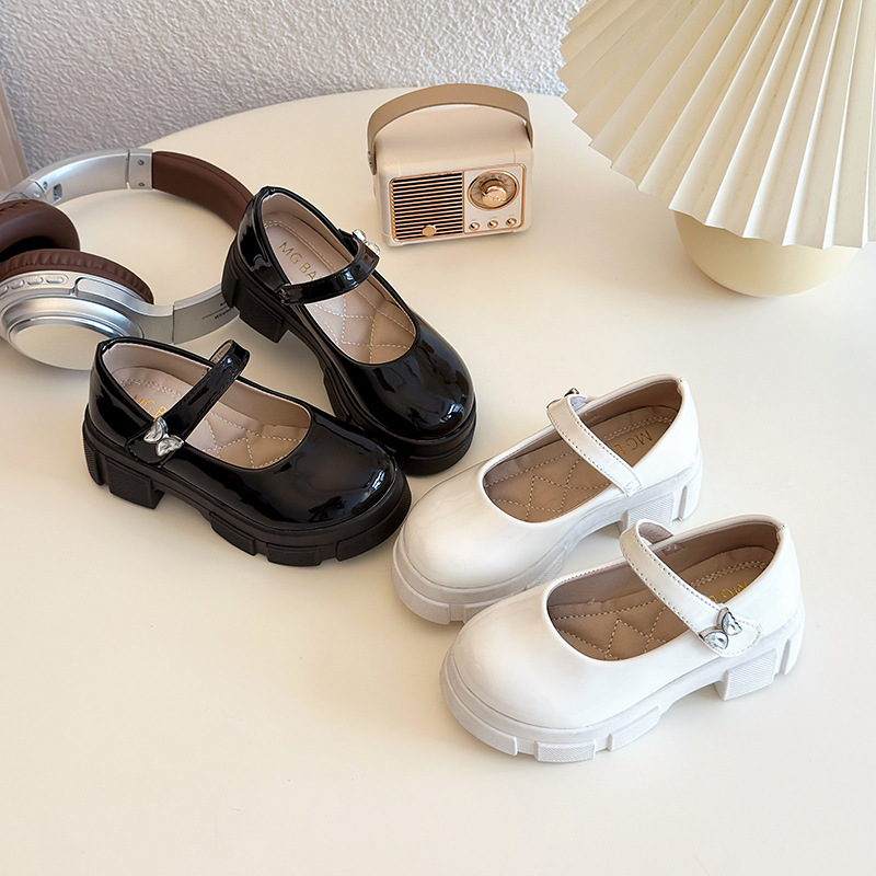 Girls' Thick-Soled Leather Shoes 2025 Spring & Fall New Kidsren's Round-Toe Black Flats Big Kidsren's European and American Shoes High Heels Trendy