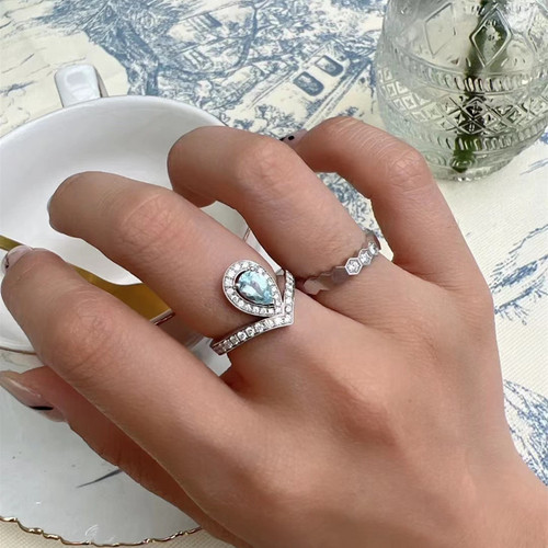 Fashion Mosaic Diamond Crown Waterdrop V Ring Sea Blue Pure Silver Diamond Ring Engagement Gift Light Luxury Women's Ring