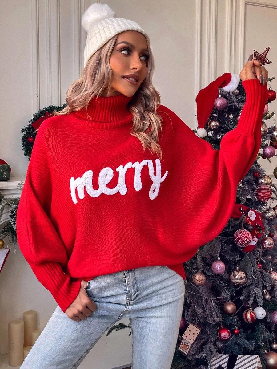 350g Weight Long Sleeve Sleeve Length Pullovers Placket Type Batwing Sleeve Sleeve Type Polyester, Polyacrylonitrile Fiber Fabric Type Long Top Length Sweater Tops Type Daily Occasion Turtleneck Neckline Loose Fit Type Christmas Festival Letter Pattern Winter, Autumn Season Women's Gender Embroidery Design Streetwear Style Wholesale Women's Streetwear Letter Long Sleeve Embroidery Sweaters & Cardigans 3