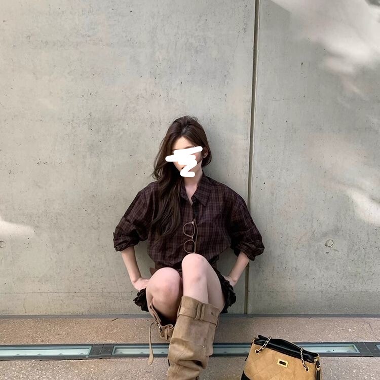 2025秋季新款韩系设计感高级感百搭纽扣木耳边格纹长袖衬衫上衣女|undefined