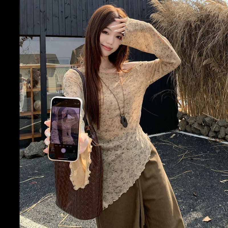 韩系辣妹晕染不规则长袖针织衫抽绳休闲裤女2025春秋新款时尚套装|undefined