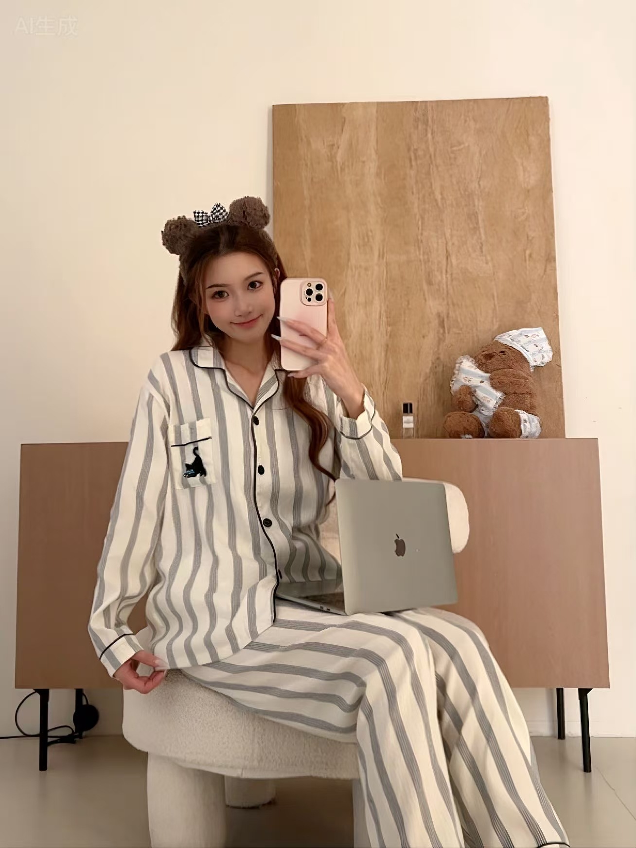 Al por mayor transfronterizo 2026 nuevo pijama de mujer nubes de algodón pantalones de manga larga cardigan con solapa de dibujos animados ropa para el hogar se puede usar fuera