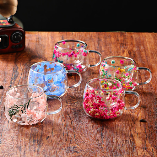 Real dried flower double-layer glass cup creative high borosilicate heat-resistant water cup net red milk coffee cup tea cup
