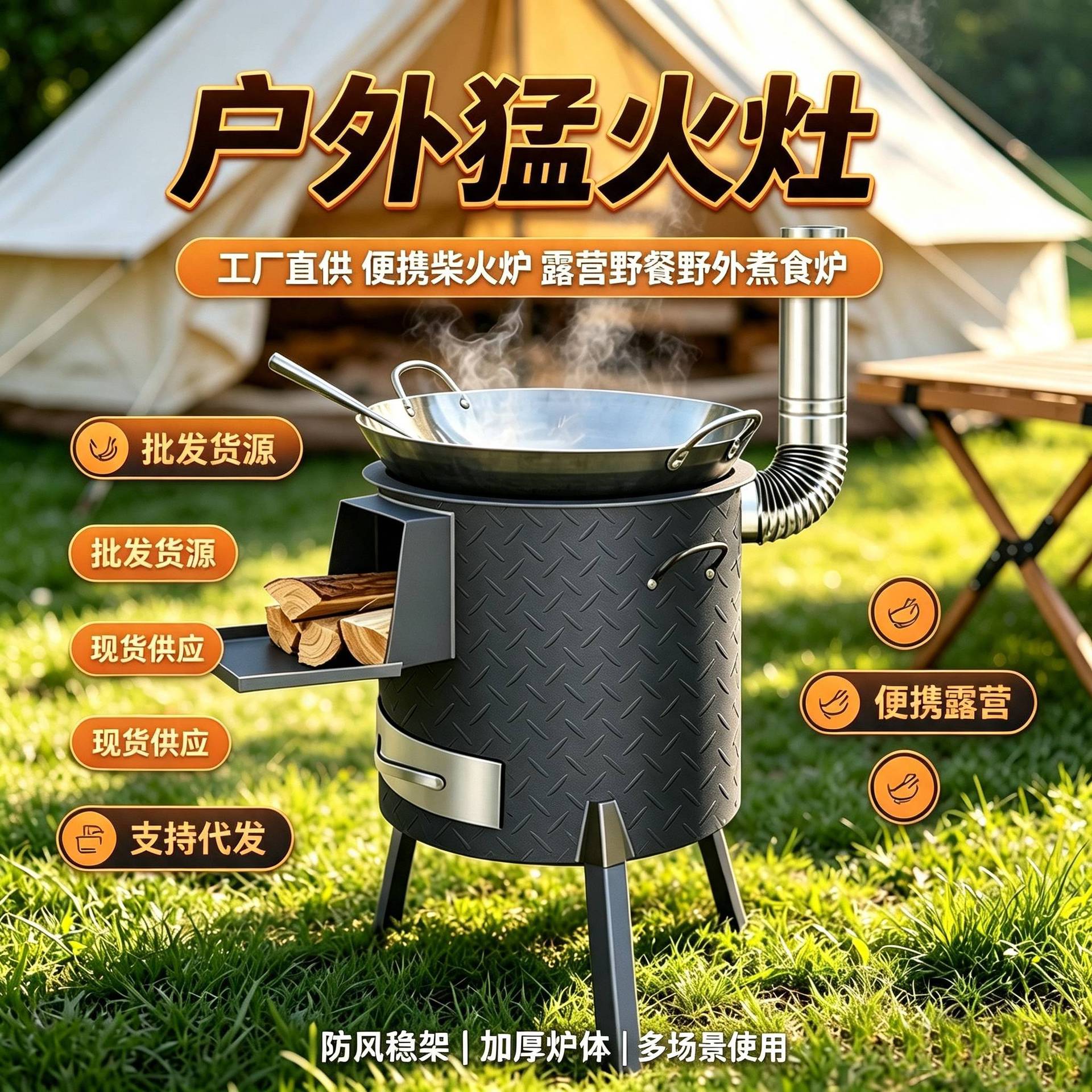 户外便携柴火炉露营猛火灶野外煮食炉防风移动柴火灶家用取暖炉具