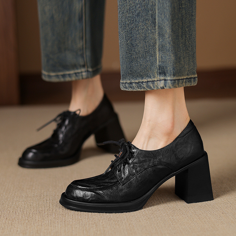 First-Layer Goatskin Deep-Mouth Flats for Women 2025 Autum New Round-Toe High-Heeled Shoes Thick-Heeled Small Leather Shoes Brown Women's Shoes