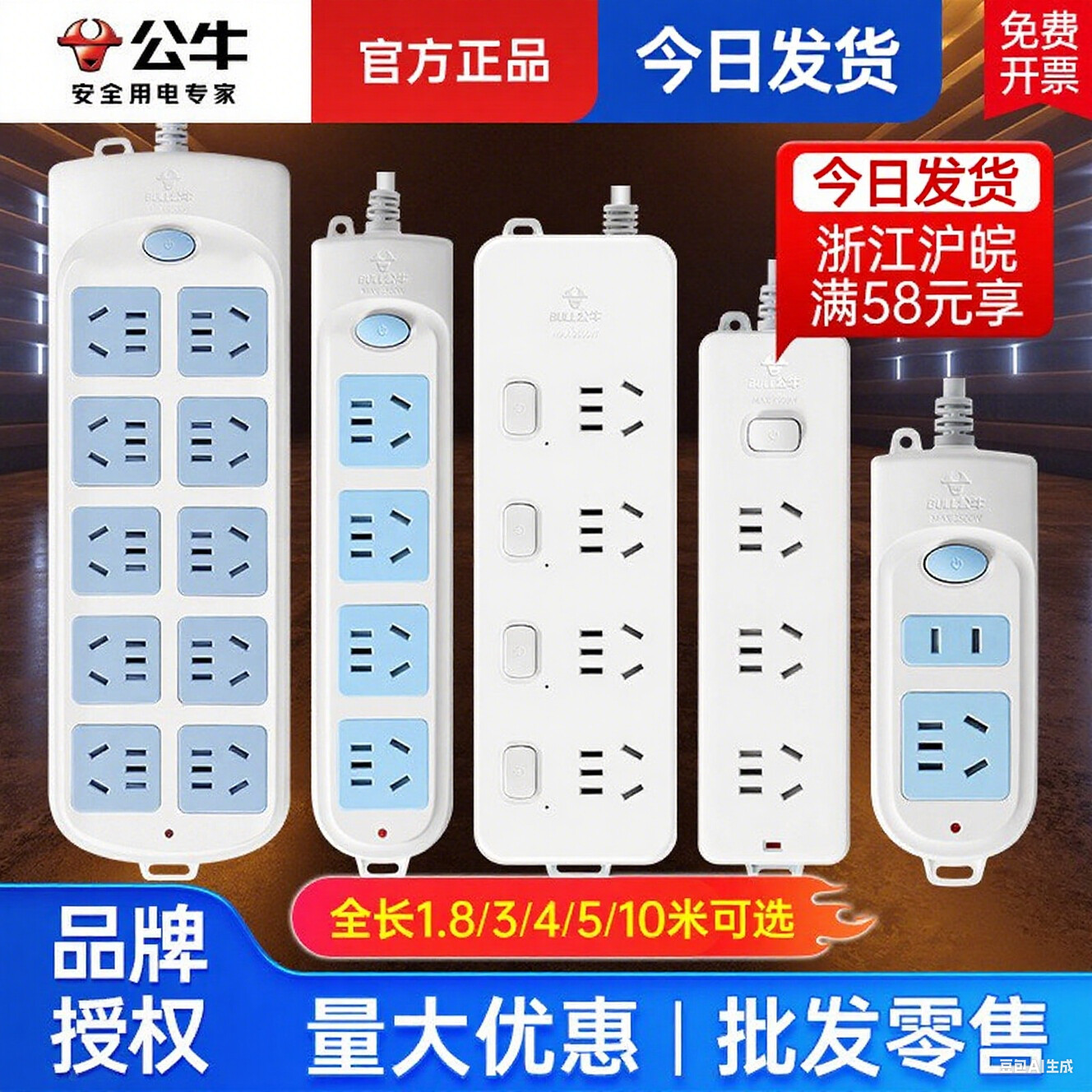 公牛带线插排排插多插位插座插线板接线板usb插板家用30孔40孔批