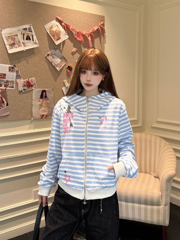 轻亚条纹短款连帽开衫卫衣女2025春秋新款甜辣宽松耳朵设计短外套|undefined