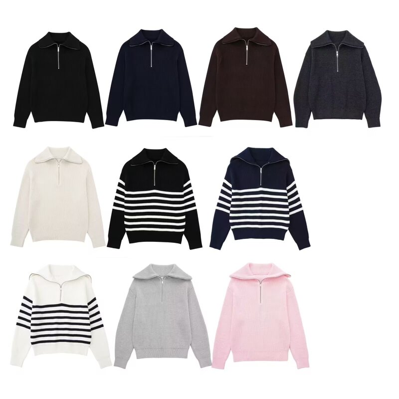 Women's wholesale 2024 autumn and winter new fashion loose half zipper lapel loose pullover striped sweater sweater sweater