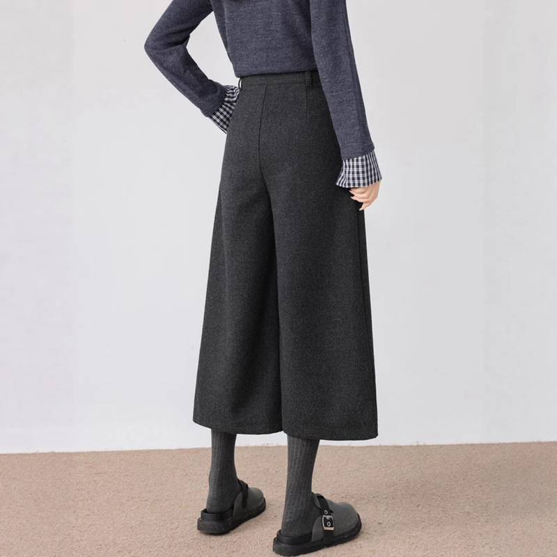 Dark Gray Woolen Straight-Leg Suit Pants for Women, Autumn and Winter, Loose Casual Style, Petite, Thickened, Cropped Wide-Leg Pants A9861