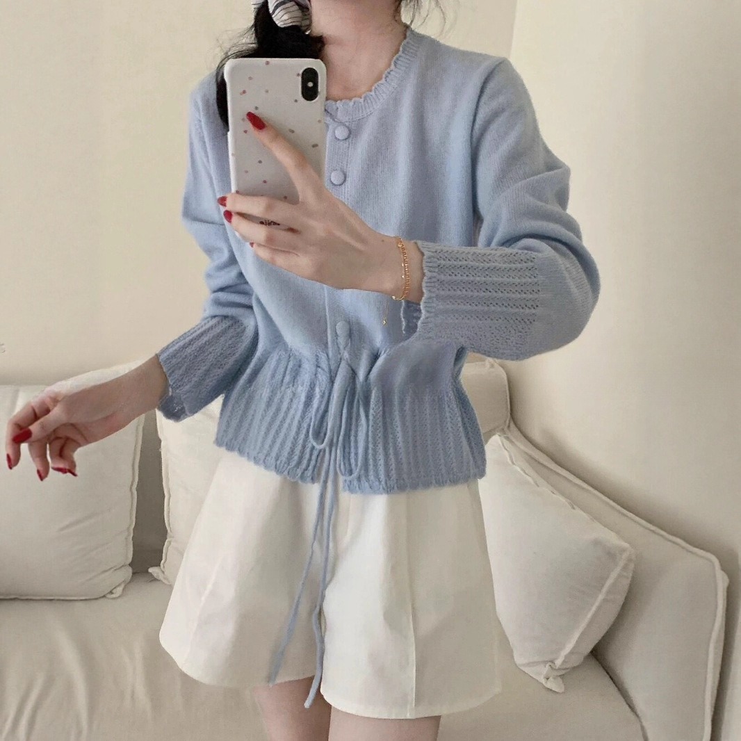 Irina Autumn and Winter Korean Style Hem Lace Splicing Sweater Women's Design Waist Drawstring Knitted Cardigan for Small People
