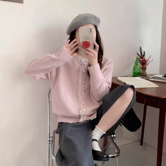 早春新款蕾丝拼接边圆领宽松简约长袖针织外套女减龄糖果色开衫