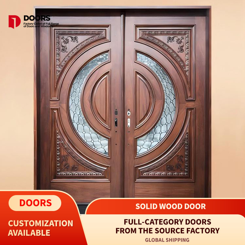 Solid Wood Door with Art Glass Wall Thickness 200mm Red Walnut Supports Custom Doors