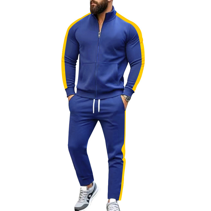 Traje de dos piezas de otoño e invierno de manga larga para hombre transfronterizo de Amazon, chaqueta deportiva casual con cuello alto en contraste, suéter, traje de hombre