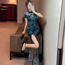 2025夏季新款日韩复古立领印花包臀开叉长裙设计感旗袍连衣裙7853