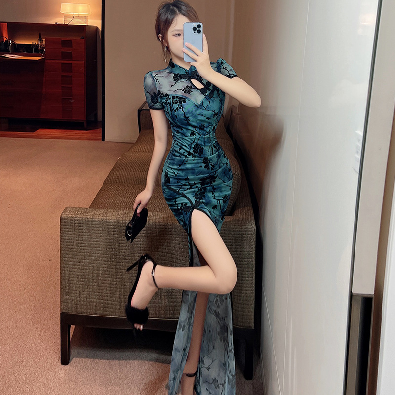 2025夏季新款日韩复古立领印花包臀开叉长裙设计感旗袍连衣裙7853