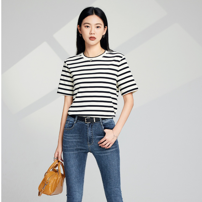 Spring and Summer All-match French Striped Round Neck Short-sleeved T-shirt Women's Classic Black and White Striped Middle-sleeved Cotton T-shirt Women