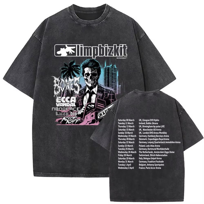 Rock Band "Limp Bizzy" 240g Vintage Washed Distressed Direct-Print Snowflake American-Style T-Shirt for Men