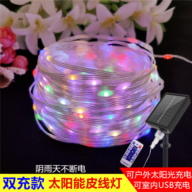 Personalizada doble carga USB solar de color string lámpara de alambre impermeable al aire libre jardín lámpara decorativa al aire libre