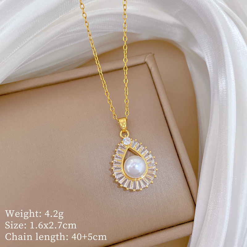 Palace Feng Shui Drop Pearl Light Luxury Temperament Gorgeous Full Diamond Necklace Female Versatile Collarbone Titanium Steel Chain_voghion.com