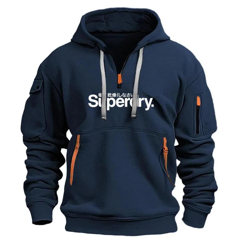 2024 Spring Functional Style Fleece-Lined Sweatshirt for Men with Hood, Multiple Zippers, Arm Pockets, Pullover
