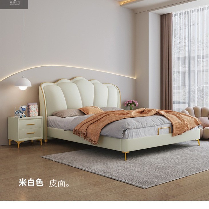 Cama de cuero de estilo francés de lujo escandinavo, cama principal moderna, cama doble simple, cama de pétalos de pequeña casa
