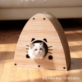 跨境实木猫窝家用客厅猫咪玩耍躲避屋狗抓板狗窝一体式宠物木玩具