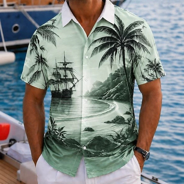 Light green coastal sailing and coconut tree landscape print turn-down collar short-sleeve shirt for men, summer island vacation casual top Light green coastal sailing and coconut tree landscape print turn-down collar short-sleeve shirt for men, summer island vacation casual top
