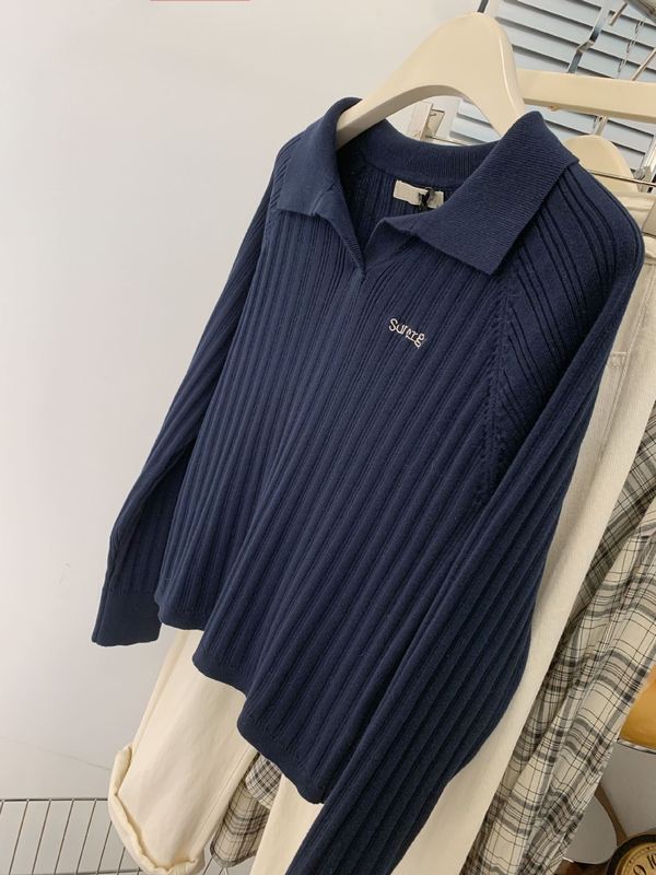 藏青色polo领针织衫女早秋季秋冬内搭打底衫薄款翻领针织上衣毛衣|undefined