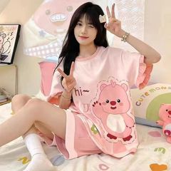 24新型アニメパジャマ女性夏の薄い丸首半袖半ズボンのかわいい風は頭の家の服を着ることができます。