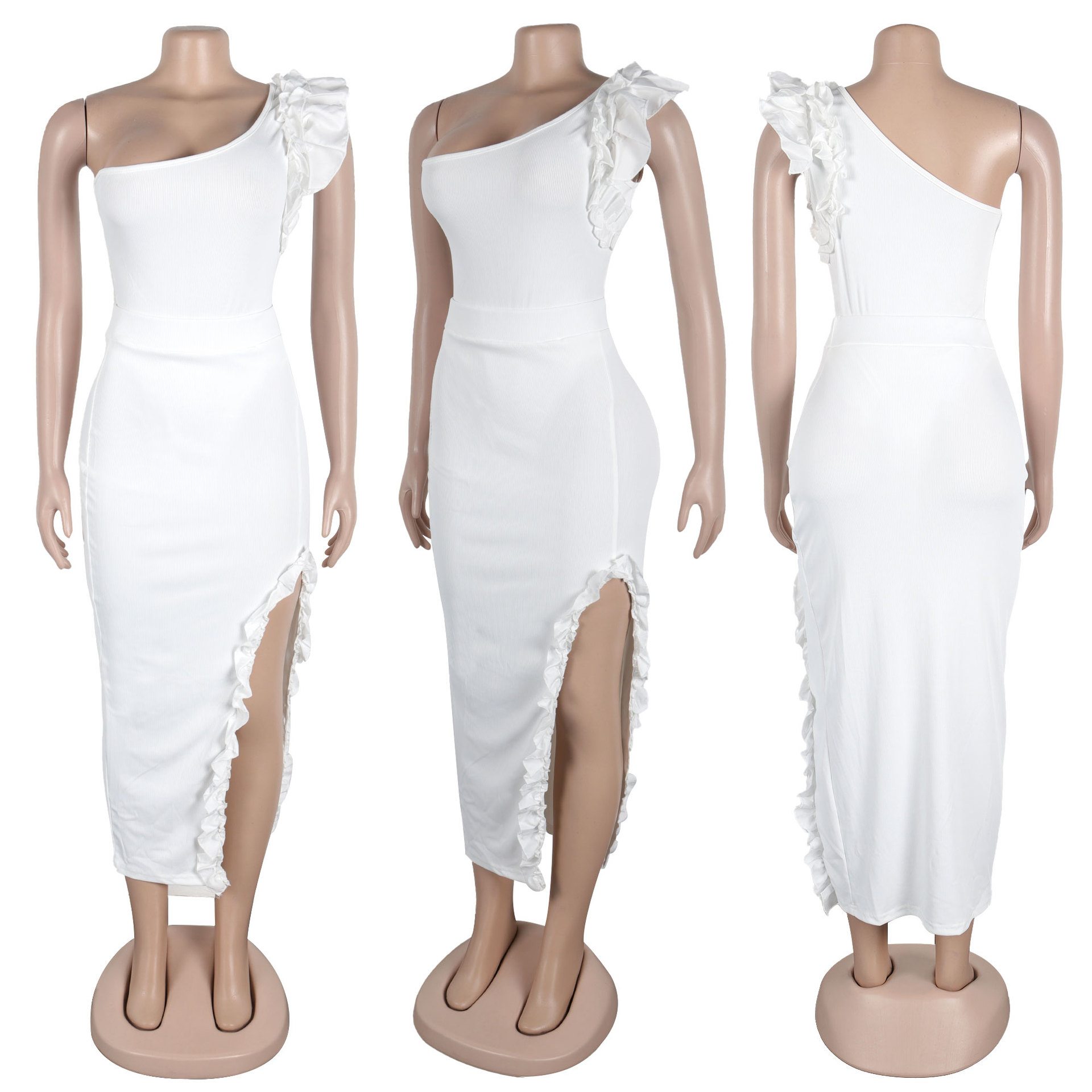 362g Weight Sleeveless Sleeve Length Polyester Fabric Type Skirt Co-ord Set Sets Type 2 Pieces Set Quantity Holiday Occasion One Shoulder Neckline Slim Fit Type Solid Color Pattern Summer Season Women's Gender Frill Design Elegant Style Holiday Women's Elegant Solid Color Polyester Frill Skirt Co-ord Set Skirt Sets 49