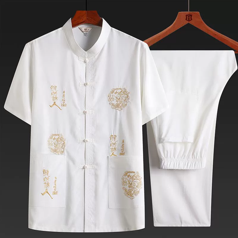Summer retro silk thin set for boys for elderly, Chinese style, with short sleeve, with embroidery
