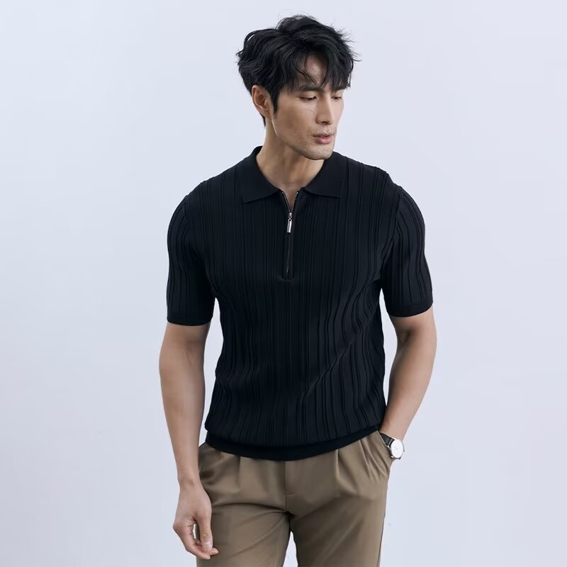 Polo camiseta de punto camiseta de manga corta hombre solapa media cremallera rayas viejas camisetas de hielo de viento de verano fábrica transfronteriza al por mayor