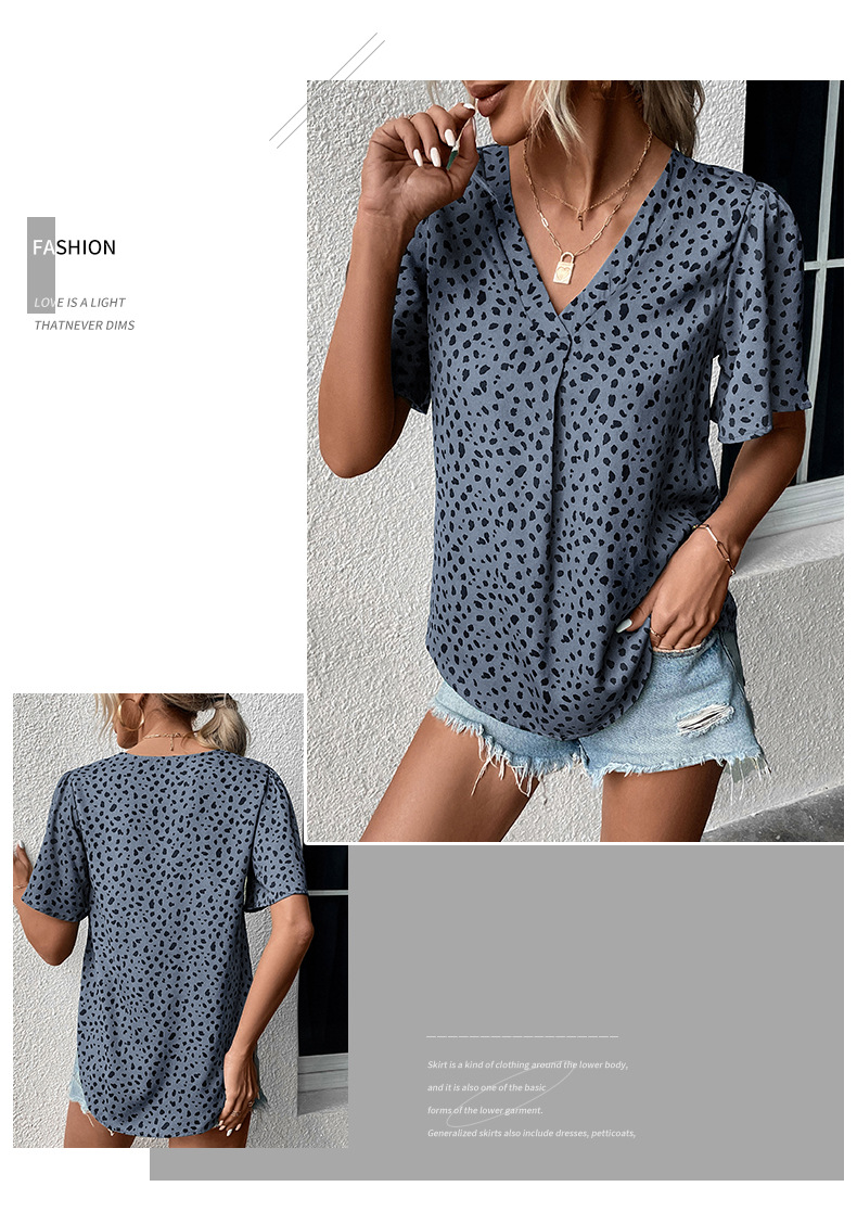 Leopard Print V-neck Short-sleeved Loose Shirt_voghion.com