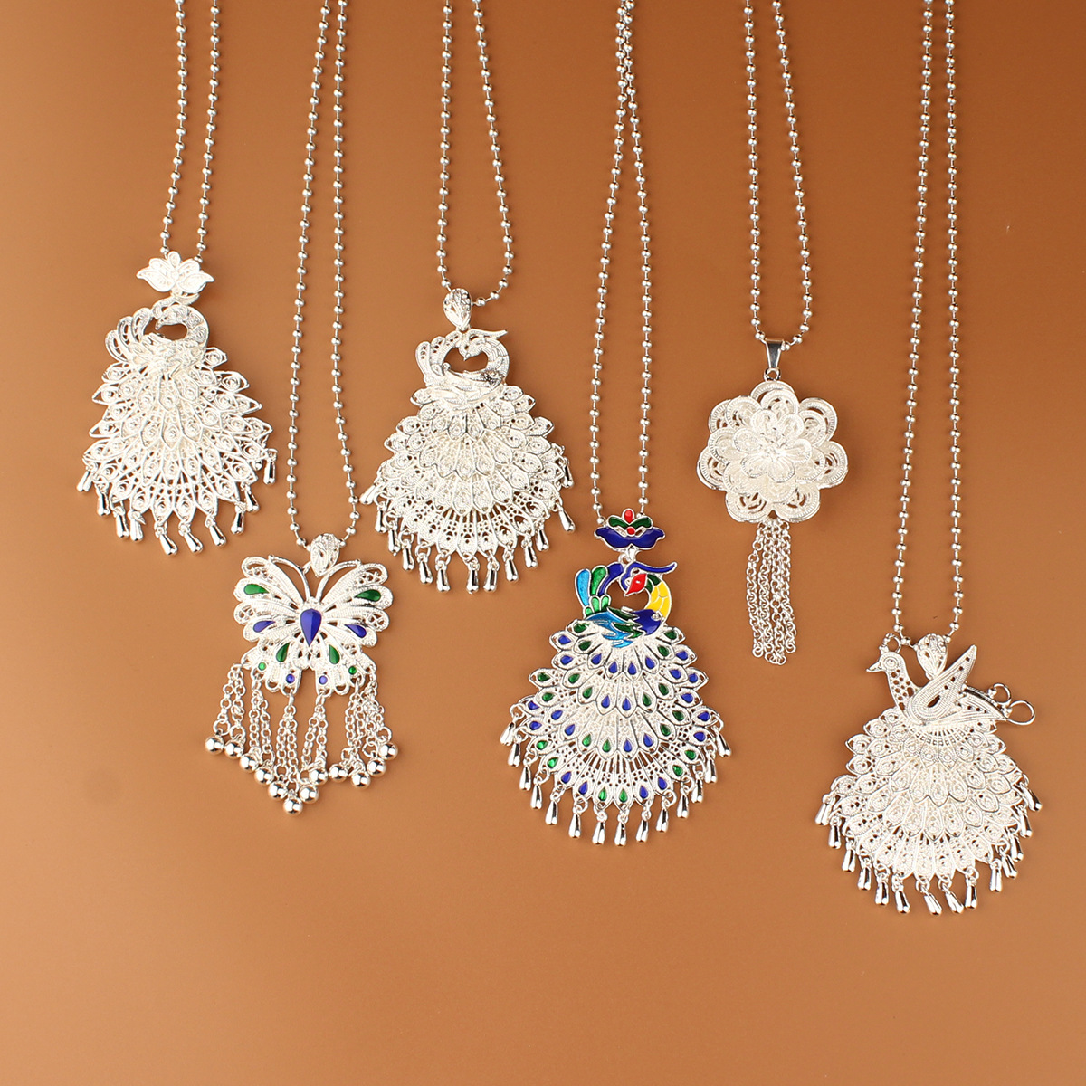 Vintage Peacock Woolen Chain Silver Plated Ethnic Style Necklace Artistic Fairy Exaggerated Chain Miao Scenic Area Refrigerator Sticker Pendant