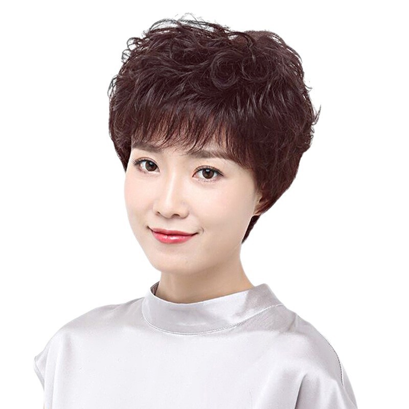 [リッチフラワー] ファッション女性ショートカーリーヘア人毛フルヘッドギア中高年母親ウィッグカウンター卸売トリミング|undefined