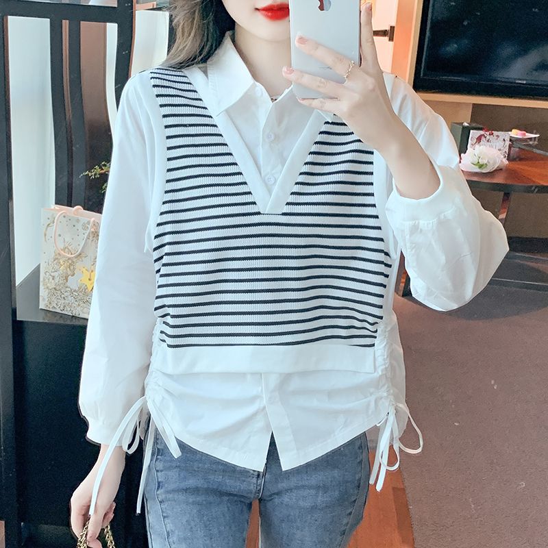 가짜 투피스 스트라이프 셔츠 여성복 2025 신상 가을 폴로 칼라 드로스트링 긴팔 쉬폰 탑 예쁜 블라우스