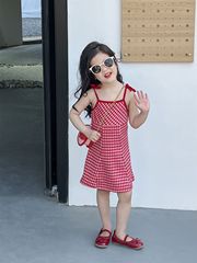 Ladies' Babydoll Dress 2024 Summer New Trendy Girl Fashion Hot Babe Whitening Red Gingham Strappy Short Dress