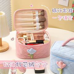 Instagram-worthy Cream Corduroy Makeup Bag with Tulip Decor – Soft, Satisfying Feel, Large Capacity, and Perfectly Portable for On-the-Go Beauty Essentials