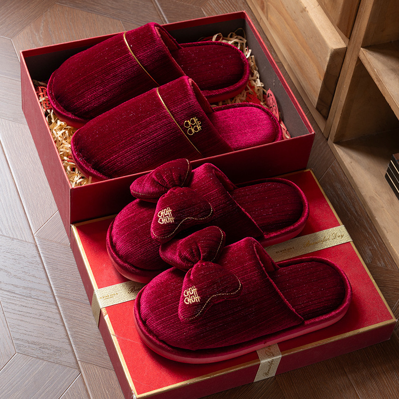 Red slippers for a wedding pair, festive winter wedding shoes for the bride and groom, couple's slippers