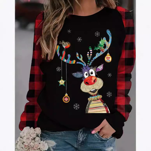 【Hot Sale】New Christmas Deer and Snowflake Women's Long-Sleeve Round Neck Sweatshirt 3D Print Spring and Autumn P