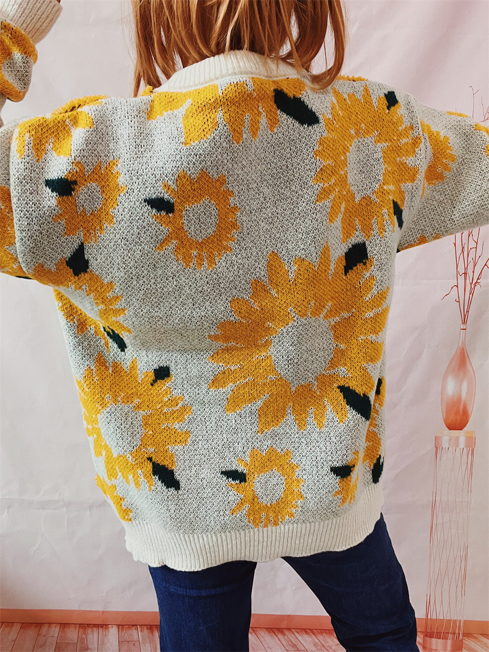 Women's Sunflower Jacquard Knitted Pullover Sweater For Winter_voghion.com