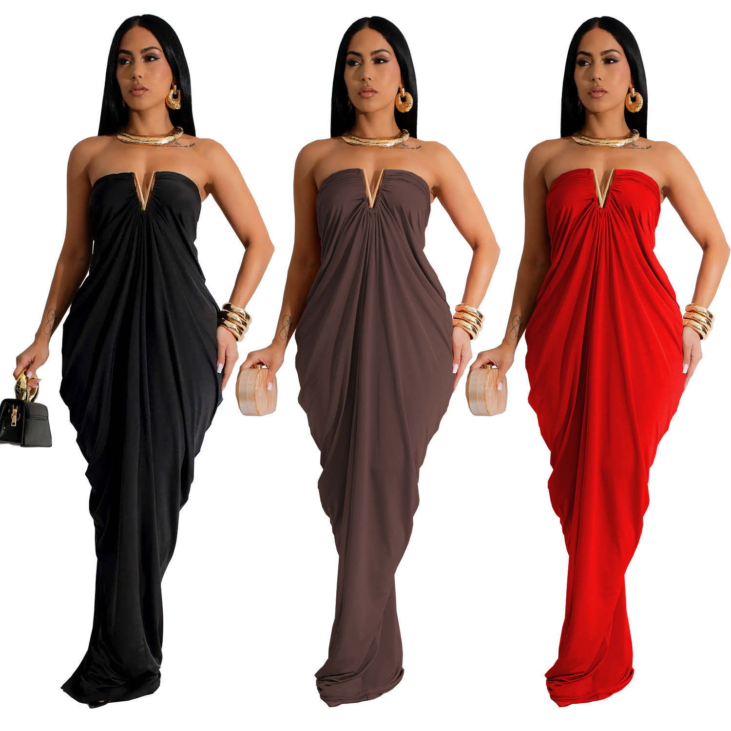 C7135 Aliexpress transfronterizo Amazon Europa y América de moda de mujer color sólido sexy vestido delgado vestido de cuello en v nuevo image 6