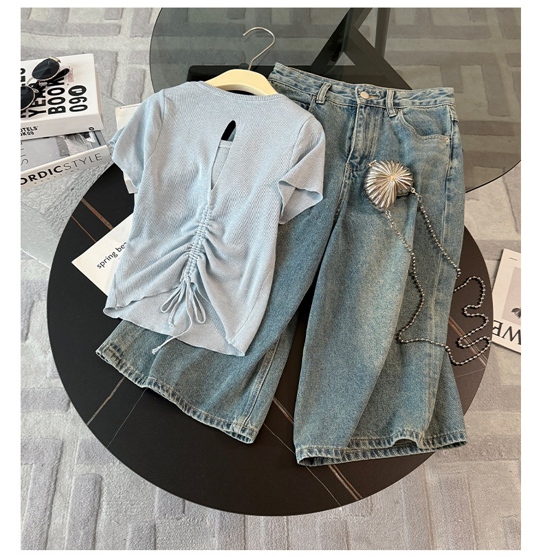 Women's Clothing Women's Summer New Casual Sports Fashion Suit Round Neck Back Tie Hollow Short Sleeve Denim Pants Two Piece Suit_mkmklike.com